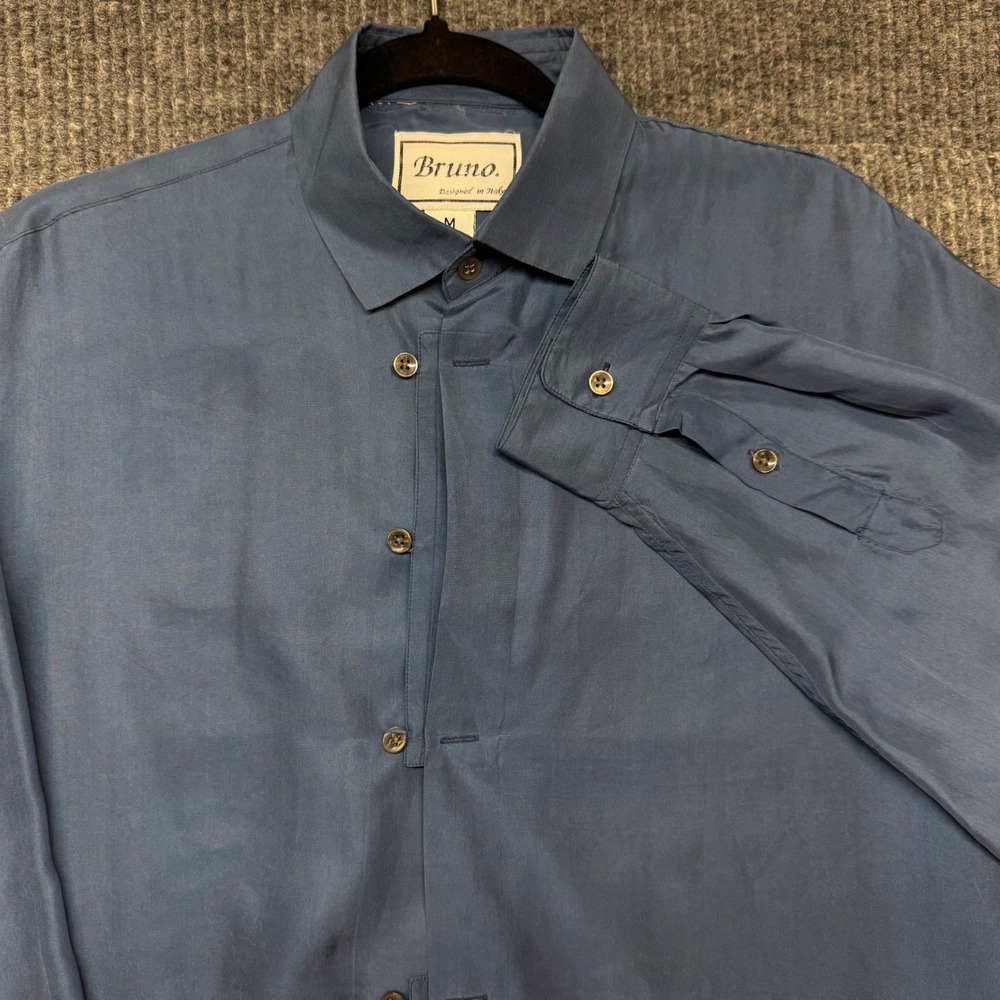 Vintage Bruno 100% Silk Shirt Mens M Blue Sandwashed Italy Button Down 80s